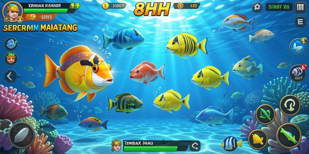 Tangkapan layar gameplay 8HHH yang menampilkan aksi Tembak Ikan.