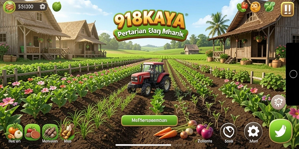 Tangkapan layar permainan 918KAYA yang menampilkan ladang yang subur dan penuh tanaman.