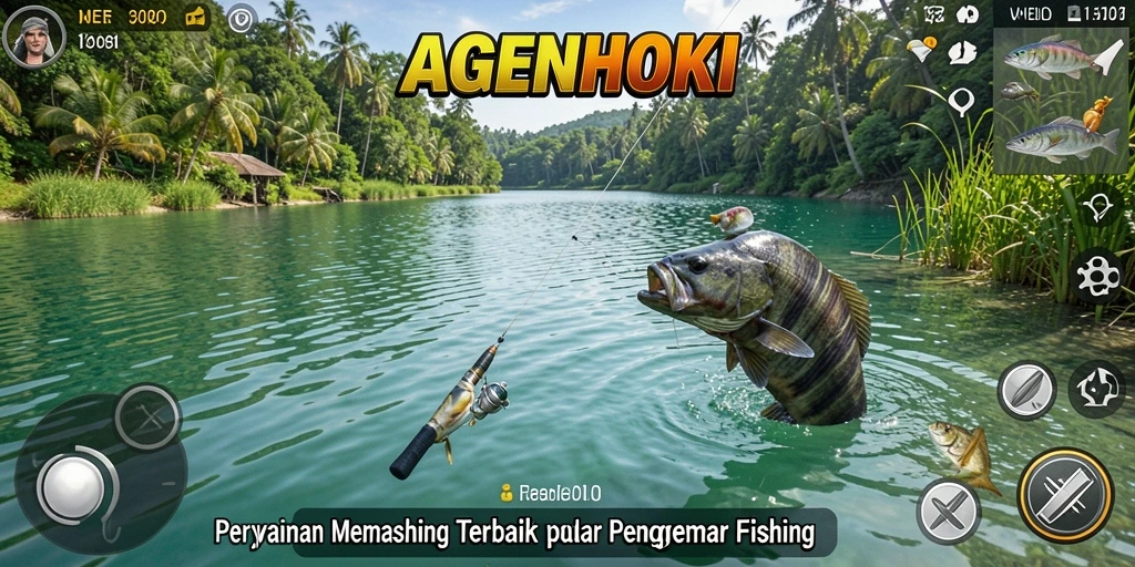 Tampilan gameplay AGENHOKI saat memancing di danau yang menakjubkan.