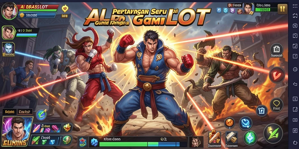 Tampilan gameplay seru dalam ALBASLOT saat pertarungan berlangsung.