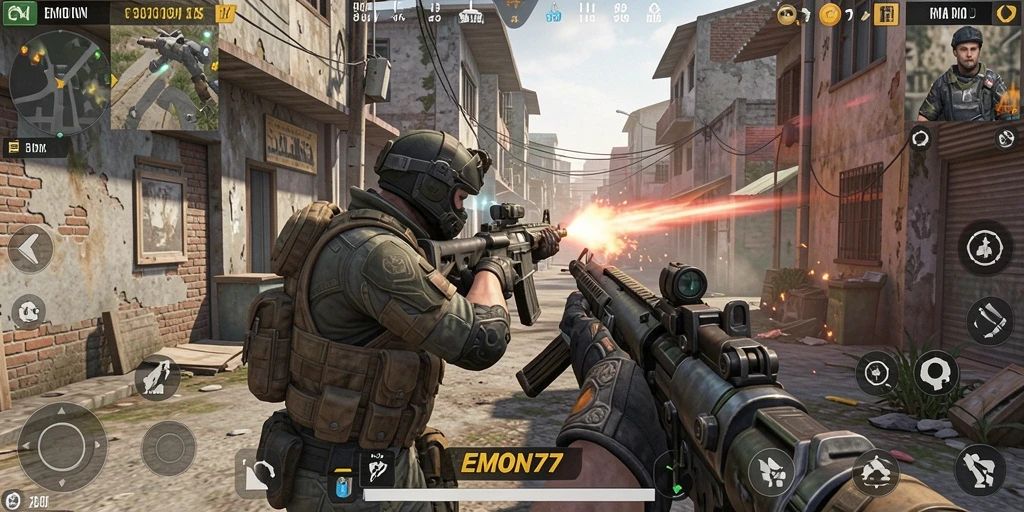 Screenshot gameplay EMON77 menampilkan aksi tembak-menembak yang intens.
