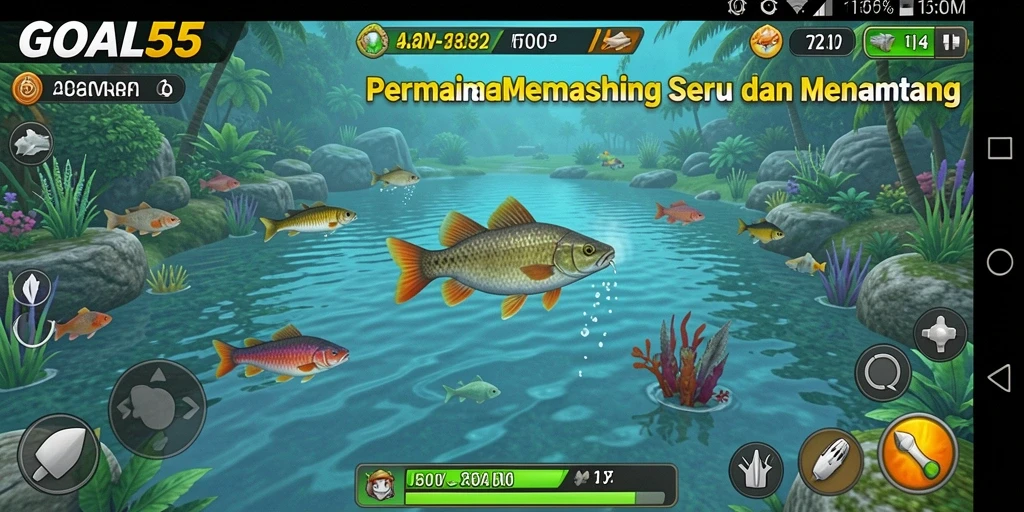 Screenshot gameplay GOAL55 menampilkan aksi memancing seru di tepi danau.