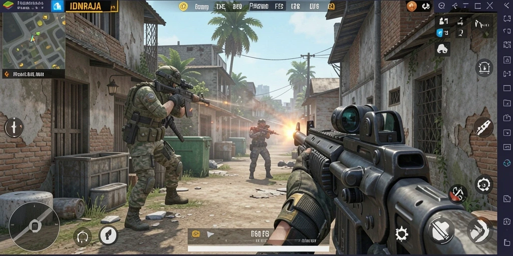Tangkapan layar gameplay <strong>IDNRAJA</strong> menampilkan aksi menegangkan dalam pertempuran FPS.
