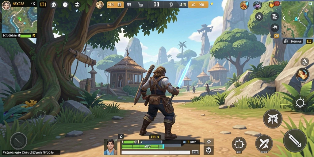 Screenshot gameplay NEX288 menunjukkan eksplorasi dunia terbuka yang luas.