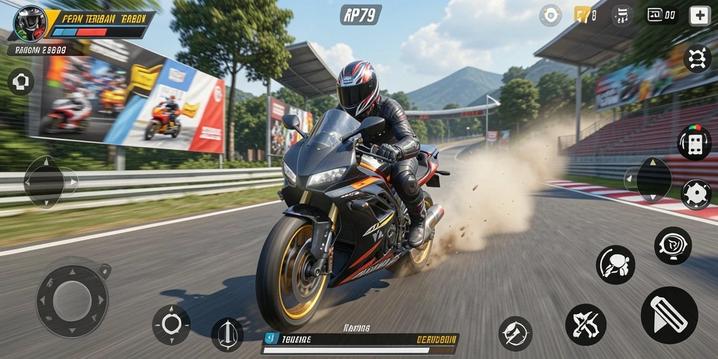 Tampilan gameplay RP79 saat balapan motor penuh aksi.