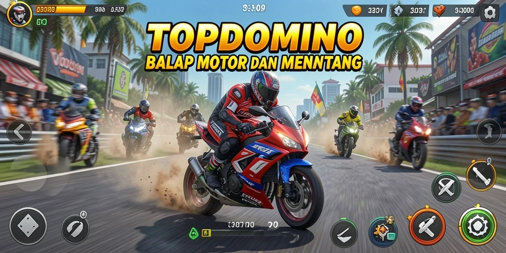 Tangkapan layar menunjukkan gameplay seru dalam balapan motor di TOPDOMINO.